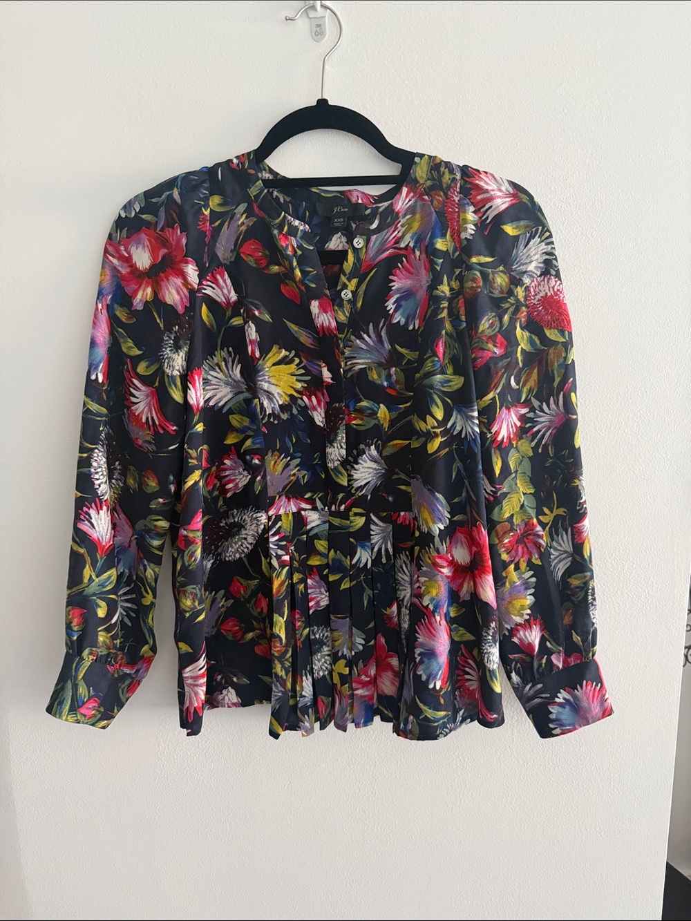 J. Crew Black Floral Button-Front Peplum Blouse